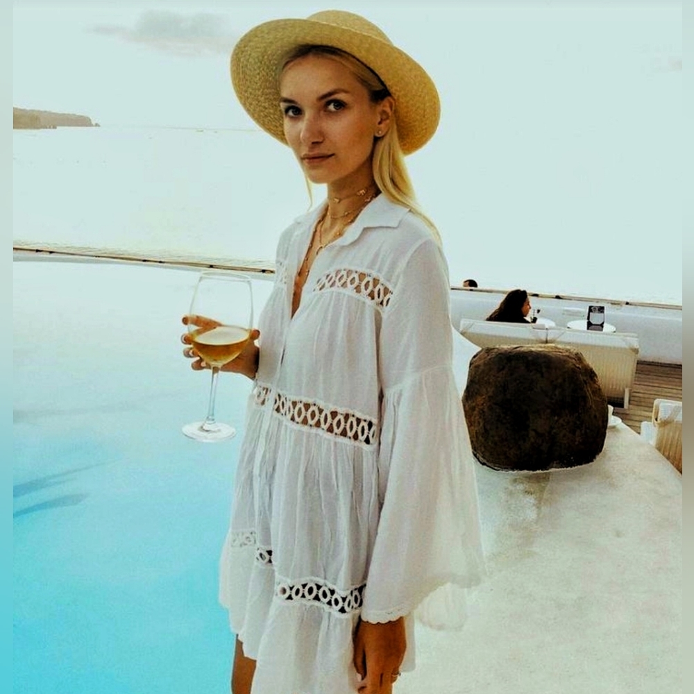 New Beachy Open Cut Out Tunic Button Up Cover Up Top Dress White - Picture 11 of 13